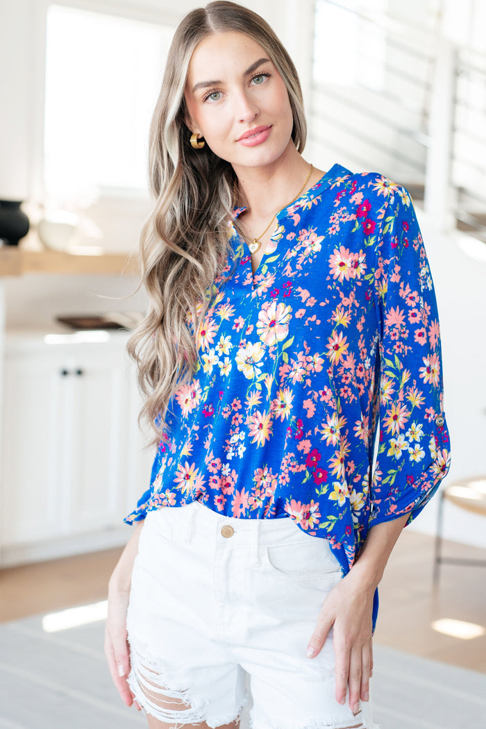 Lizzy Top in Royal and Blush Floral - Mack and Mav Boutique