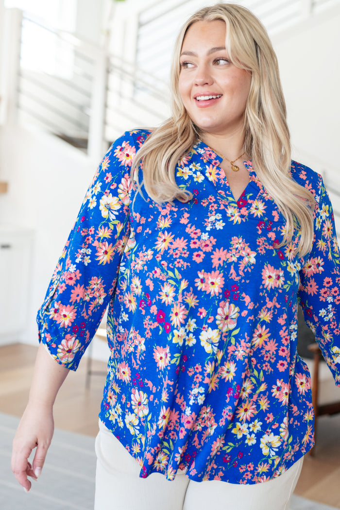 Lizzy Top in Royal and Blush Floral - Mack and Mav Boutique