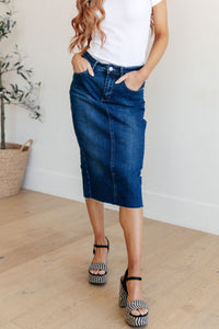 Marcy High Rise Denim Midi Skirt - Mack and Mav Boutique