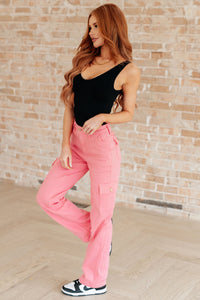Peggy High Rise Cargo Straight Jeans in Pink - Mack and Mav Boutique