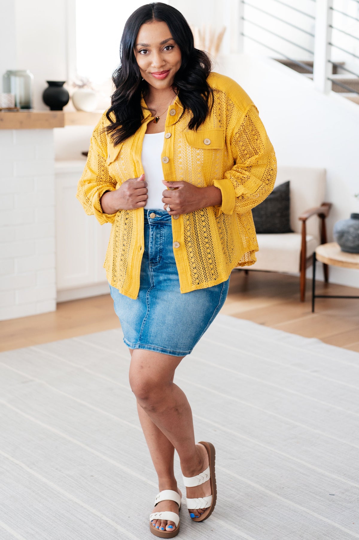 Sweeter Than Nectar Lace Button Down in Honey - Mack and Mav Boutique
