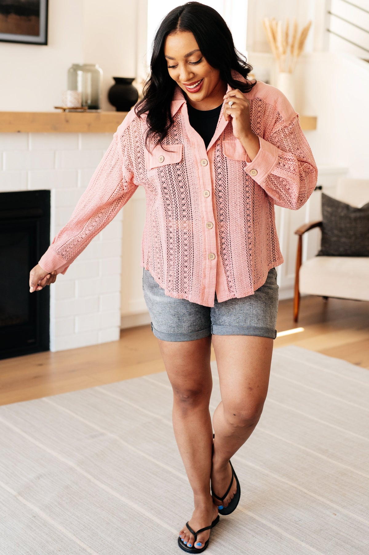 Sweeter Than Nectar Lace Button Down in Rose - Mack and Mav Boutique