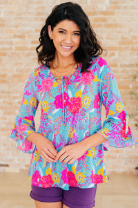 Willow Bell Sleeve Top in Bright Blue Floral - Mack and Mav Boutique