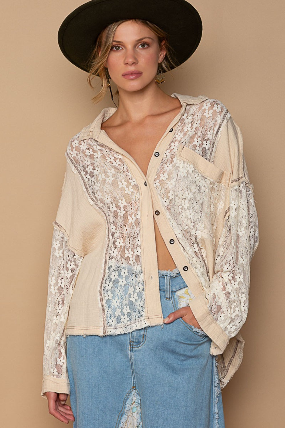 POL Oversize Lace Button-Down Shirt - Mack and Mav Boutique