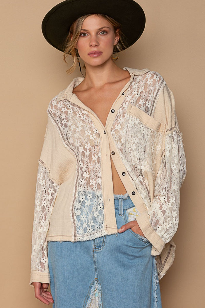 POL Oversize Lace Button-Down Shirt - Mack and Mav Boutique