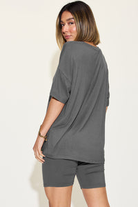 Basic Bae Full Size V-Neck Drop Shoulder T-Shirt and Shorts Set - Mack and Mav Boutique