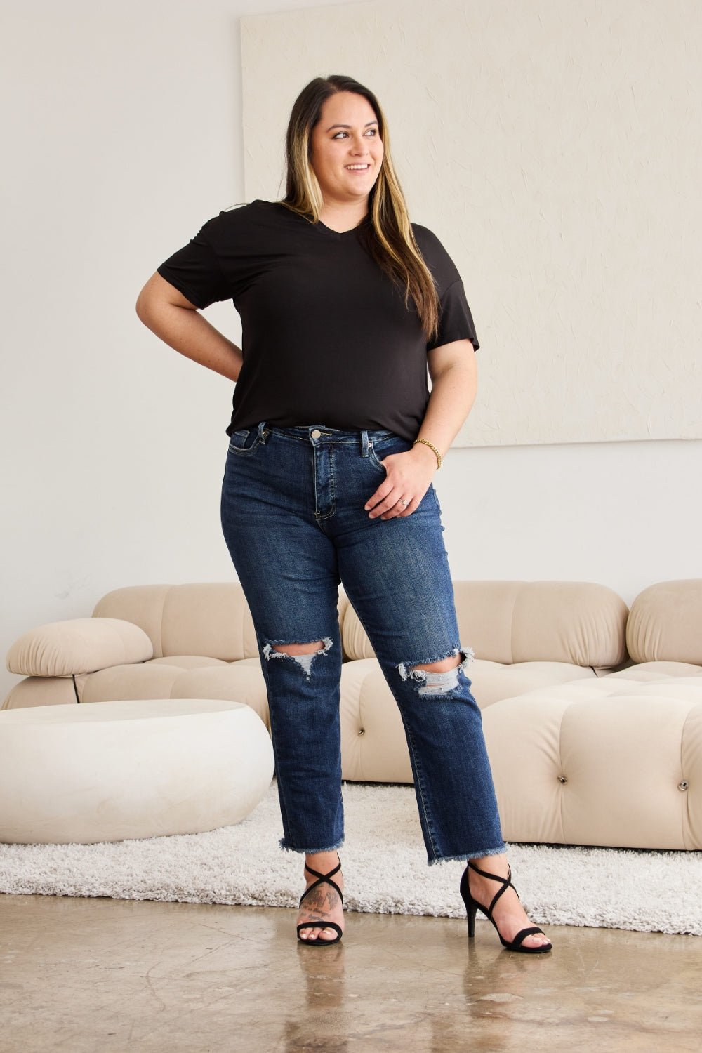 RFM Crop Dylan Full Size Tummy Control Distressed High Waist Raw Hem Jeans - Mack and Mav Boutique