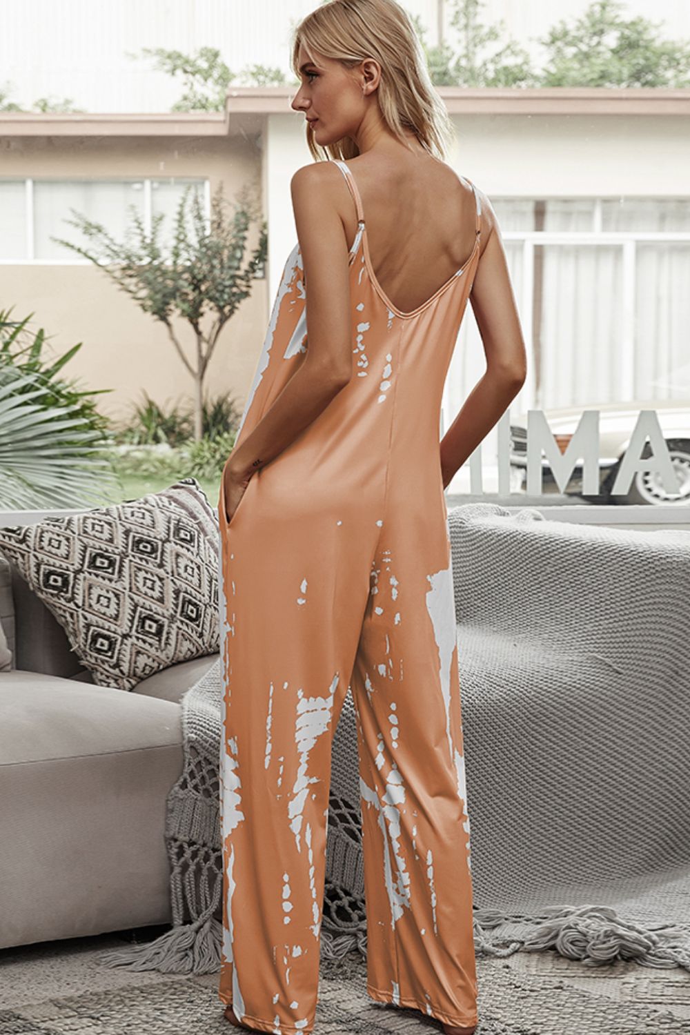 Tie-Dye Spaghetti Strap Jumpsuit with Pockets - Mack and Mav Boutique