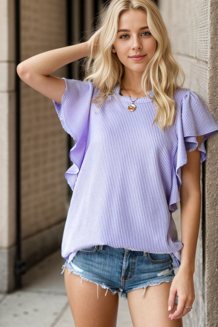 Heimish Full Size Ruffled Sleeve Ribbed Top - Mack and Mav Boutique