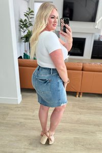Carol High Rise Rigid Magic Denim Skirt - Mack and Mav Boutique