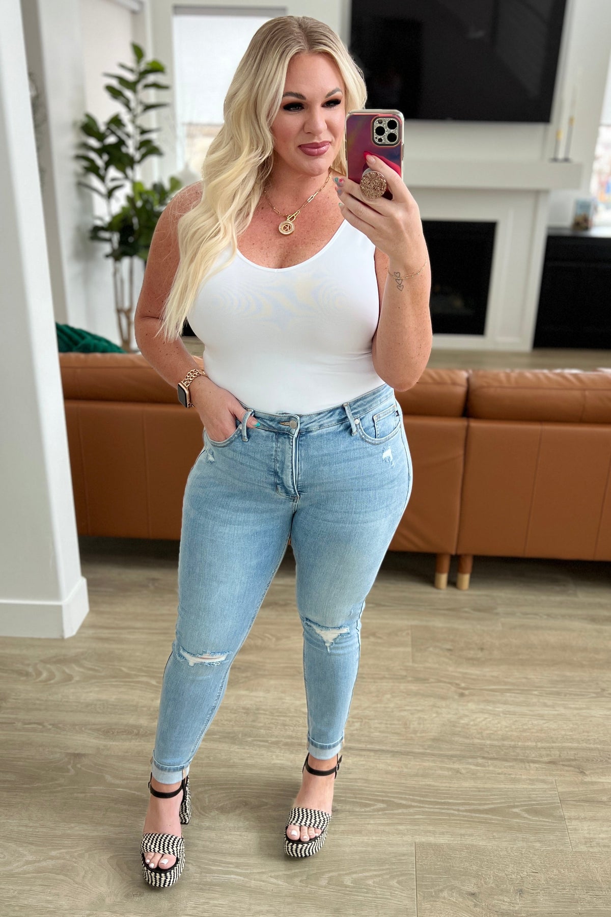 Eloise Mid Rise Control Top Distressed Skinny Jeans - Mack and Mav Boutique