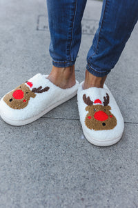 Holiday Red Nose Reindeer Print Fleece Slippers