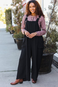 Feeing Joyful Black Wide Leg Adjustable Baggy Bib Jumpsuit