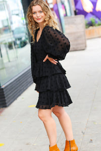 Holiday Vixen Black Chiffon Swiss Dot V Neck Tiered Ruffle Dress