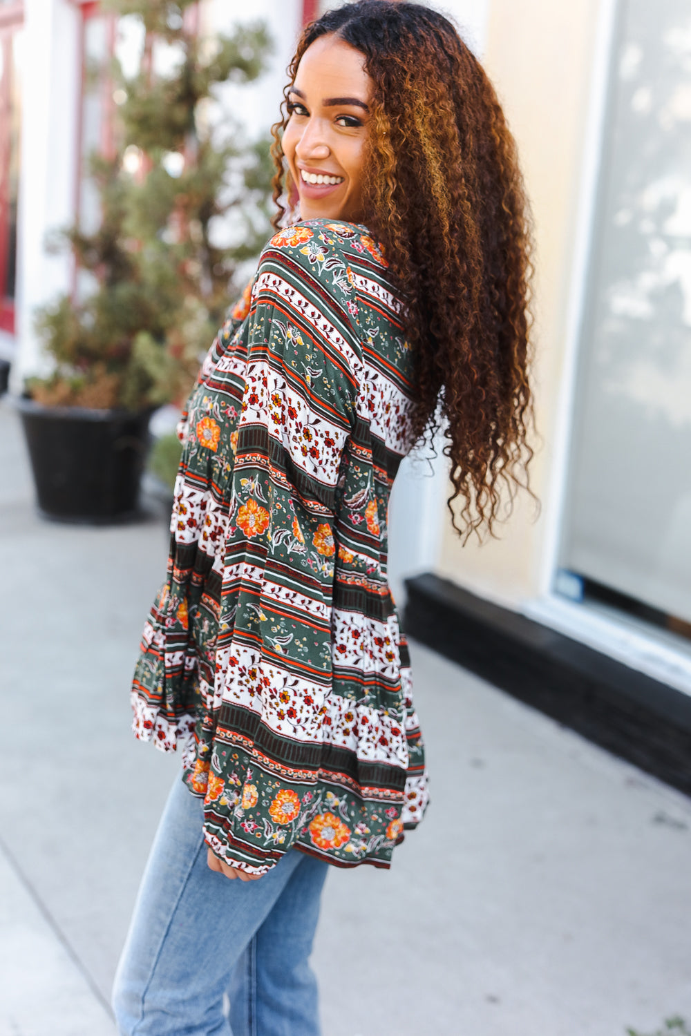 Beautiful You Green Floral Stripe Woven Blouse