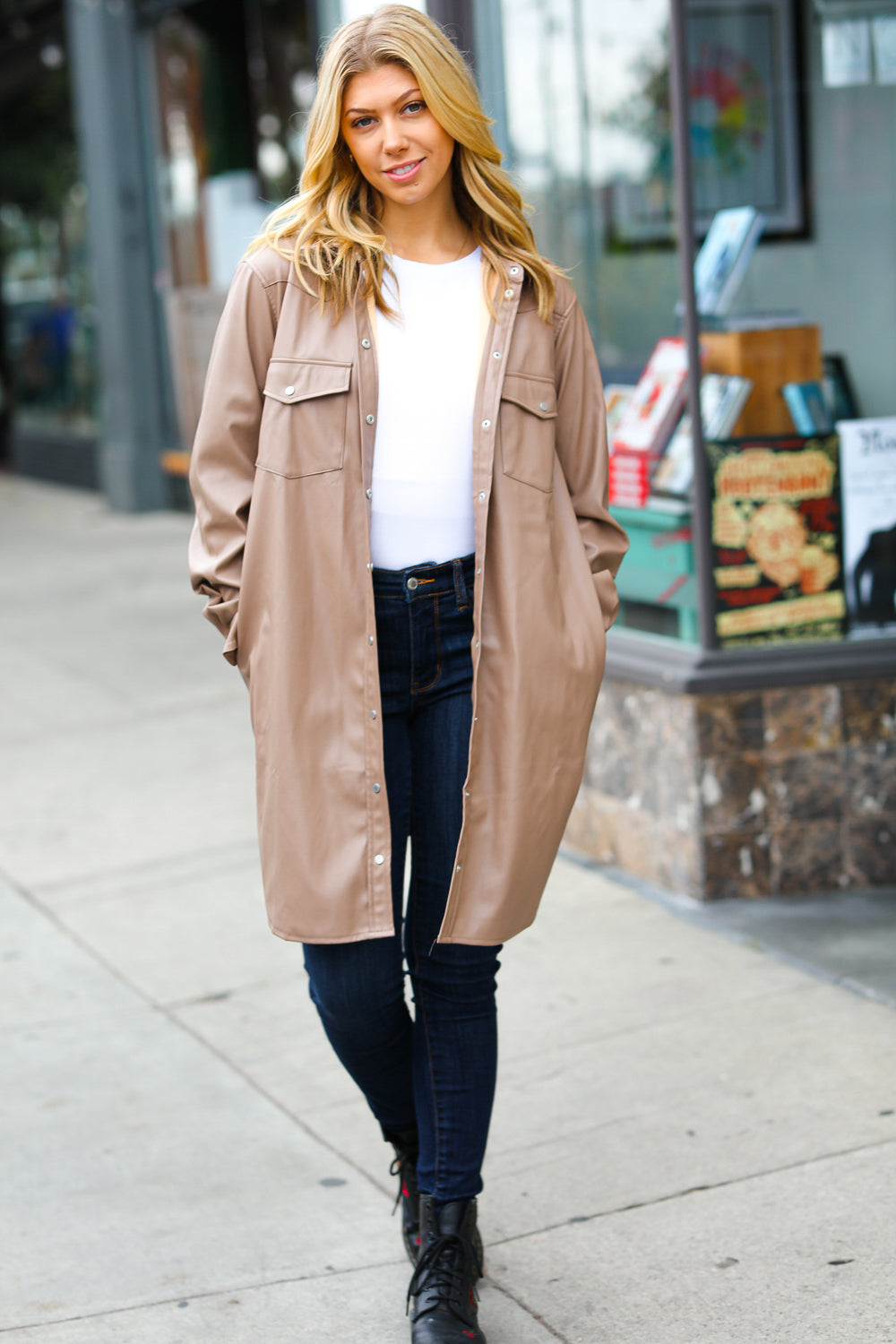 Dark Beige Veagan Leather Snap Button Shirt Jacket