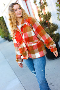 It's Your Best Rust & Camel Plaid Sherpa Button Down Jacket