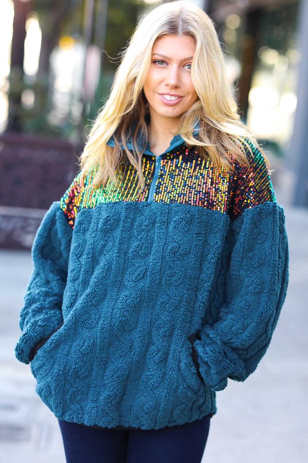 Going With You Teal Sequin & Sherpa Half Zip Pullover