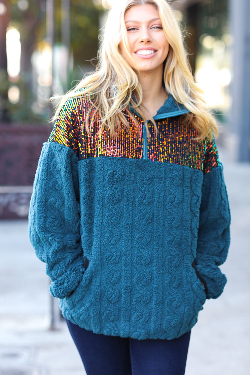 Going With You Teal Sequin & Sherpa Half Zip Pullover