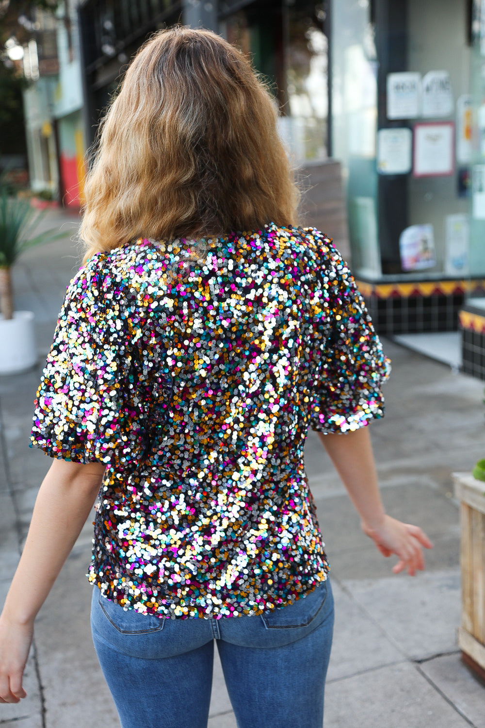 City Lights Black Multicolor Sequin Puff Sleeve Top