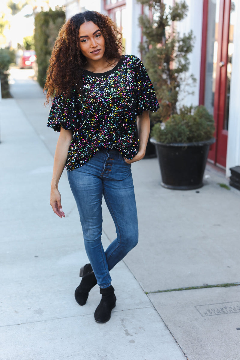 Holiday Ready Black Velvet Multicolor Sequin Puff Sleeve Top