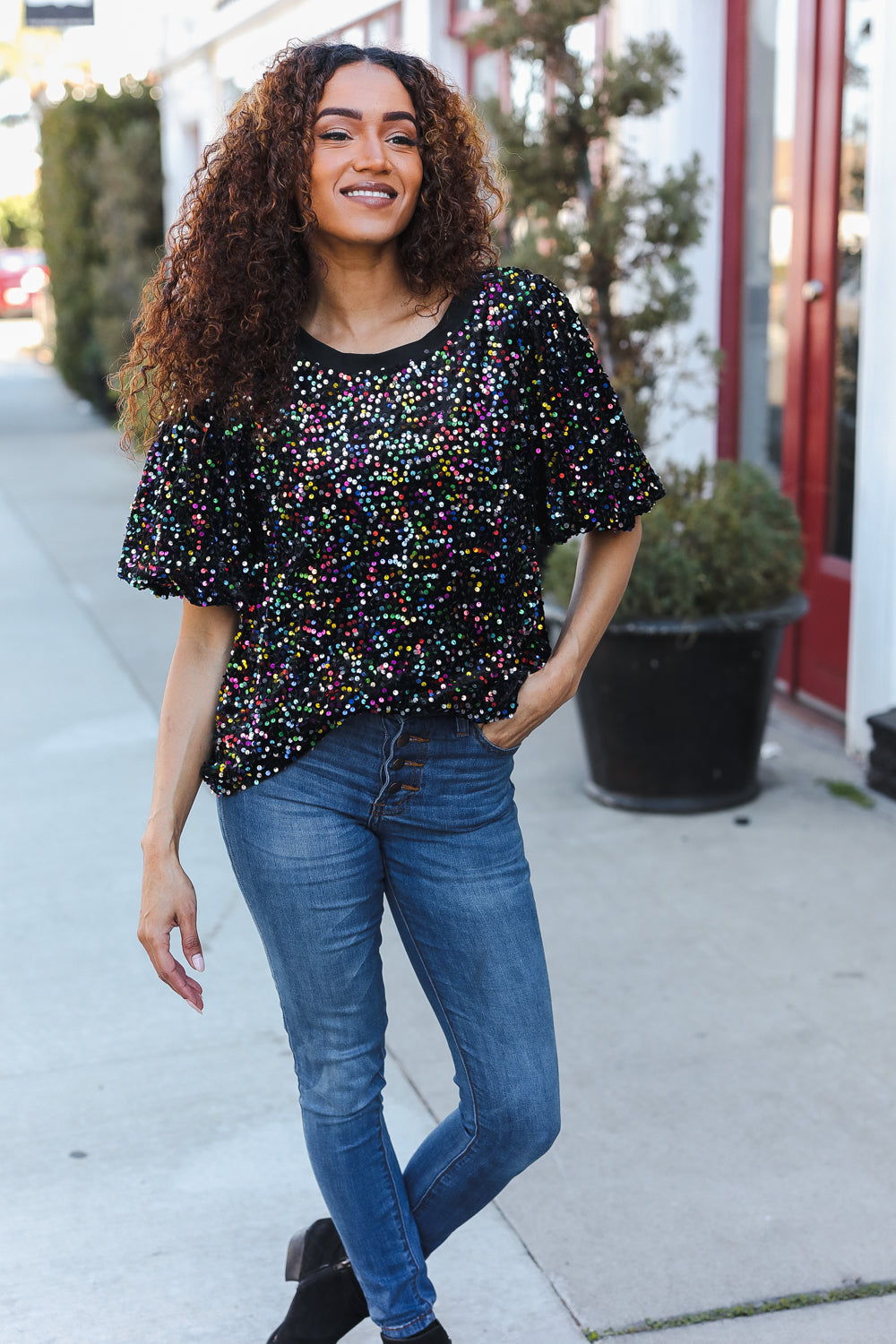 Holiday Ready Black Velvet Multicolor Sequin Puff Sleeve Top