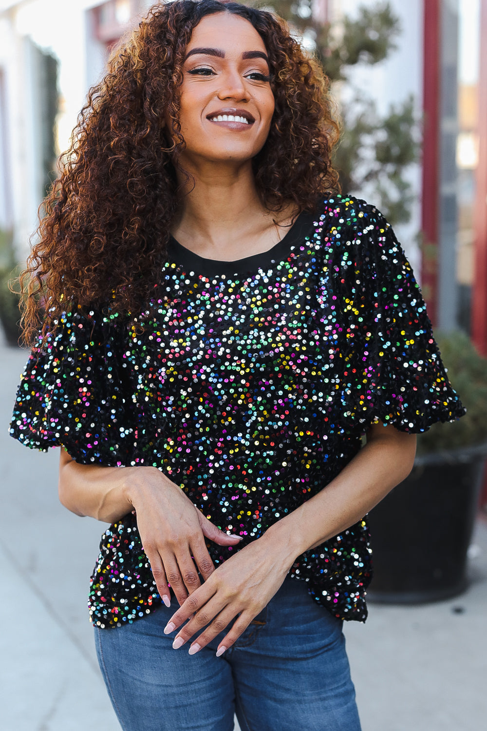 Holiday Ready Black Velvet Multicolor Sequin Puff Sleeve Top