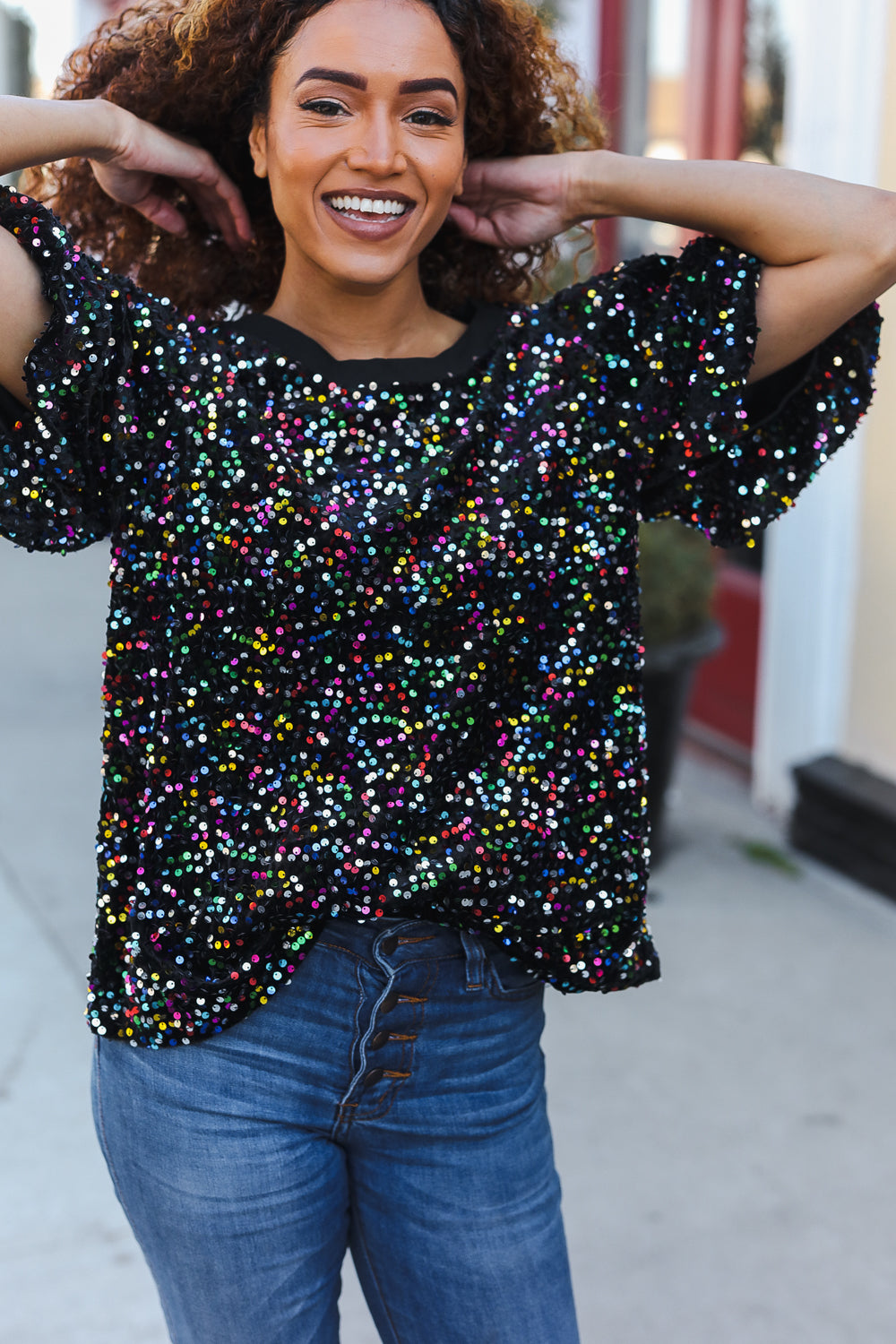 Holiday Ready Black Velvet Multicolor Sequin Puff Sleeve Top