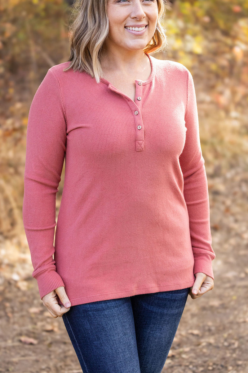 IN STOCK Brielle Henley Ribbed Long Sleeve - Terra Cotta