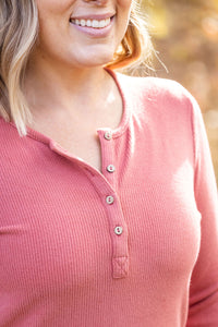 IN STOCK Brielle Henley Ribbed Long Sleeve - Terra Cotta