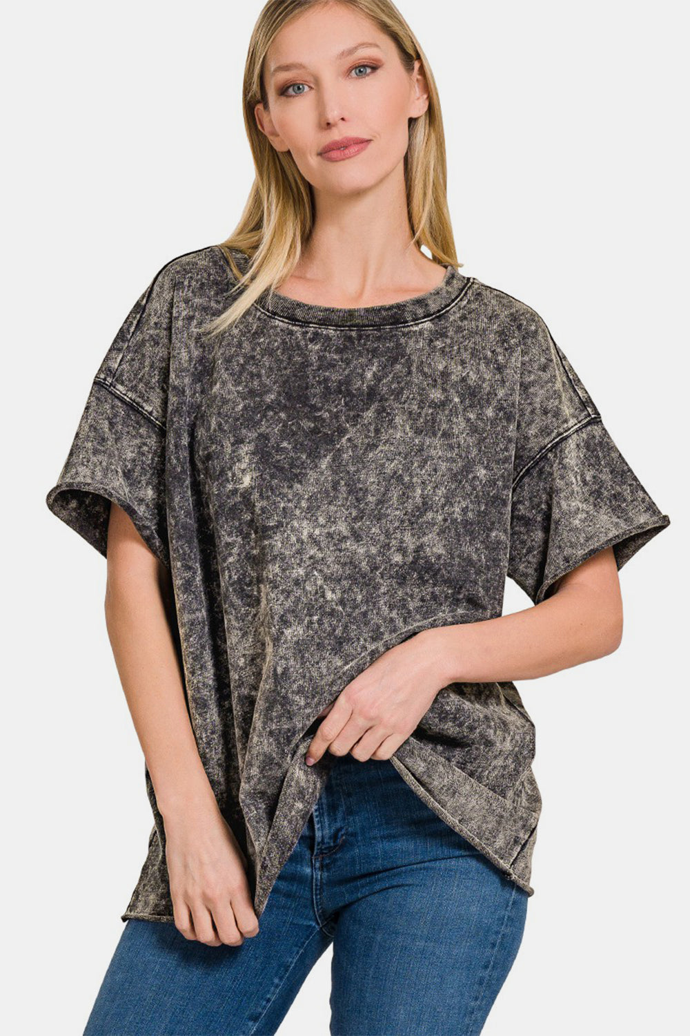 Zenana Rolled Round Neck Short Sleeve T-Shirt - Mack and Mav Boutique 