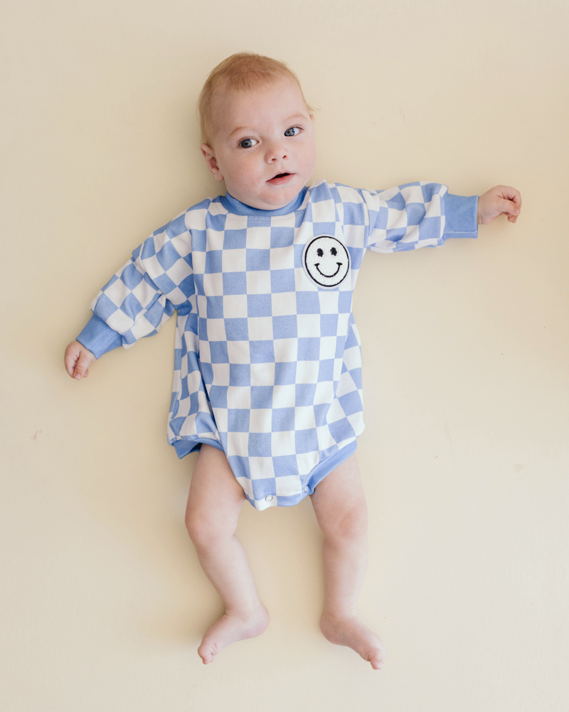 Bubble Romper | Checkered Smiley Blue