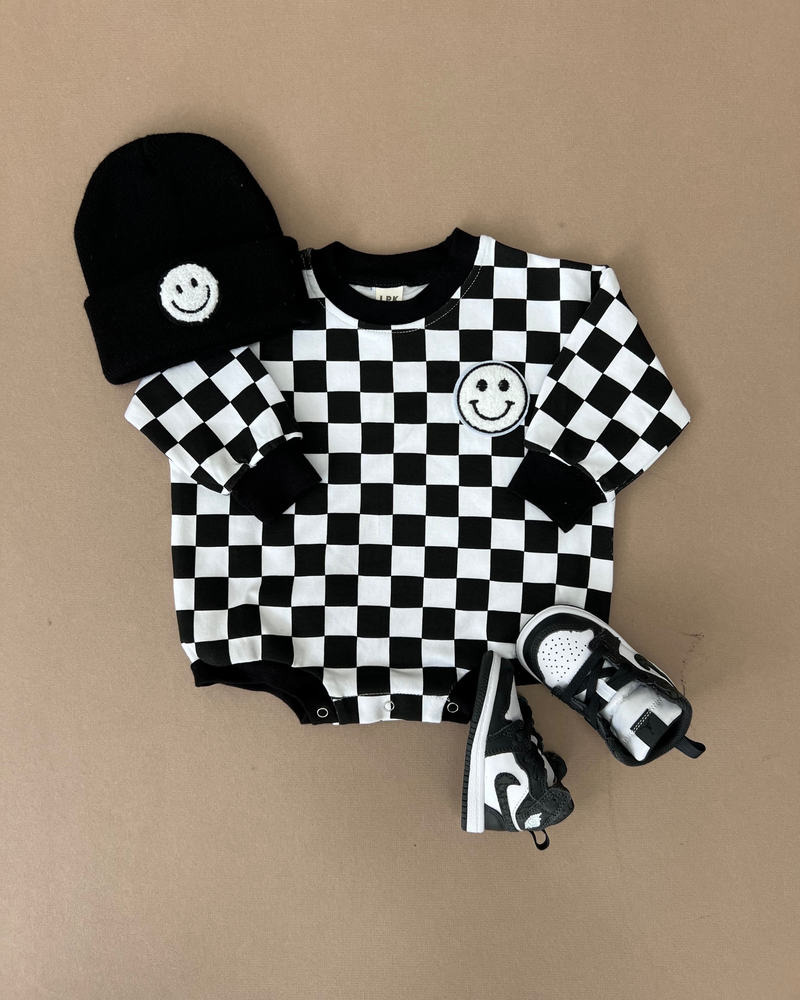 Bubble Romper | Checkered Smiley Black