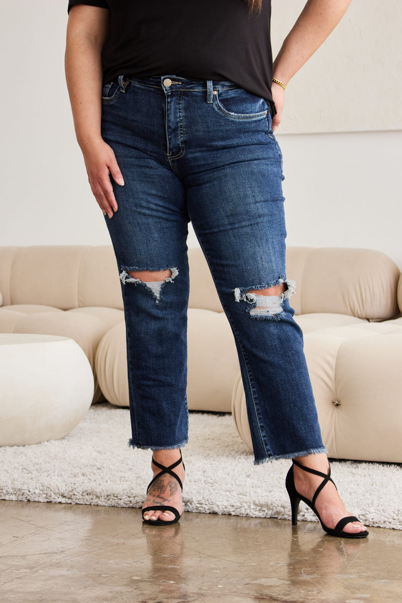 RFM Crop Dylan Full Size Tummy Control Distressed High Waist Raw Hem Jeans - Mack and Mav Boutique 