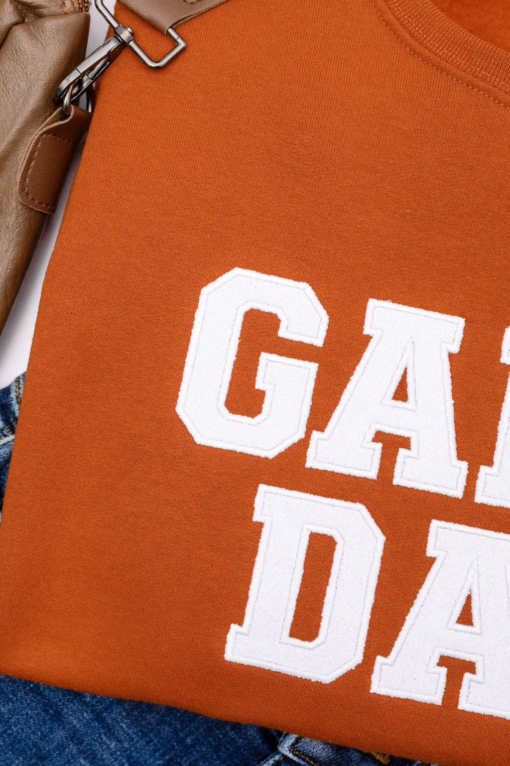PREORDER: Embroidered Glitter Game Day Sweatshirt in Burnt Orange/White