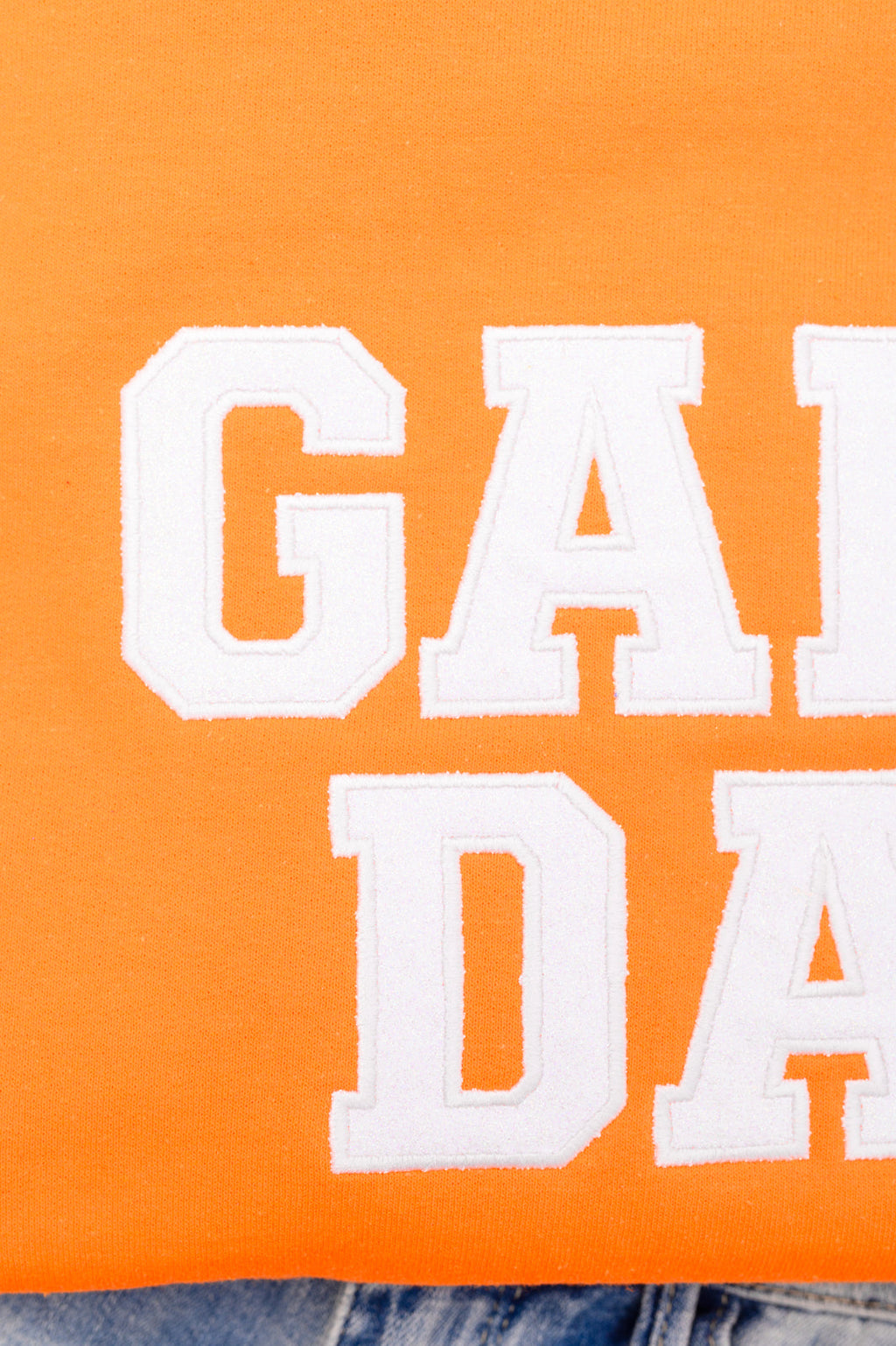 PREORDER: Embroidered Glitter Game Day Sweatshirt in Bright Orange/White