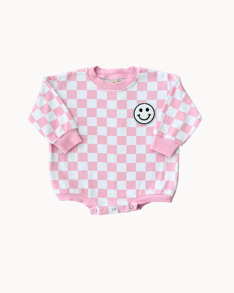 Bubble Romper | Checkered Smiley Pink