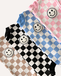 Bubble Romper | Checkered Smiley Blue