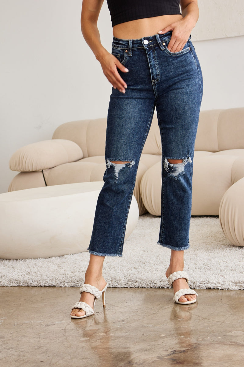 RFM Crop Dylan Full Size Tummy Control Distressed High Waist Raw Hem Jeans - Mack and Mav Boutique 