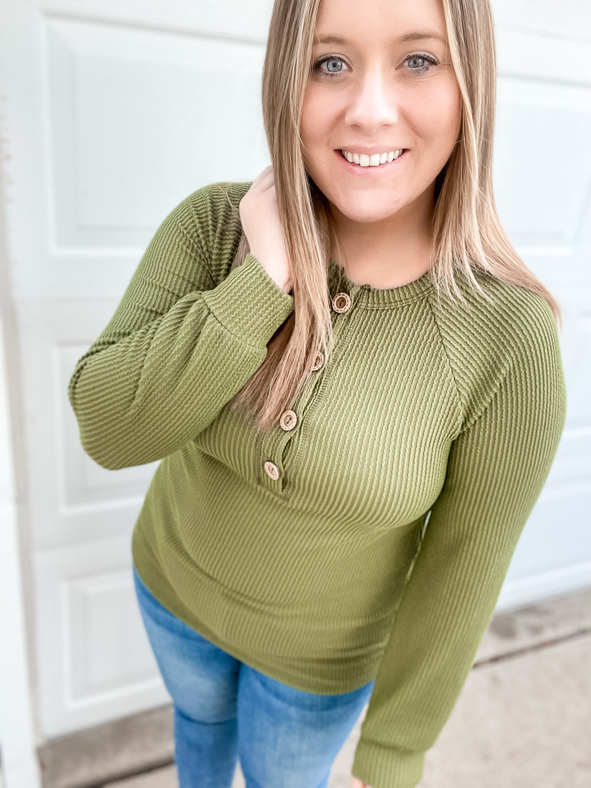 Olive Ribbed Long Sleeve with Buttons - Mack and Mav Boutique 