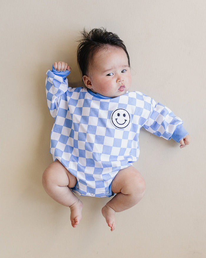 Bubble Romper | Checkered Smiley Blue