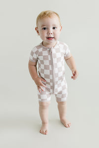 Bamboo Shorty Romper | Latte Checkered