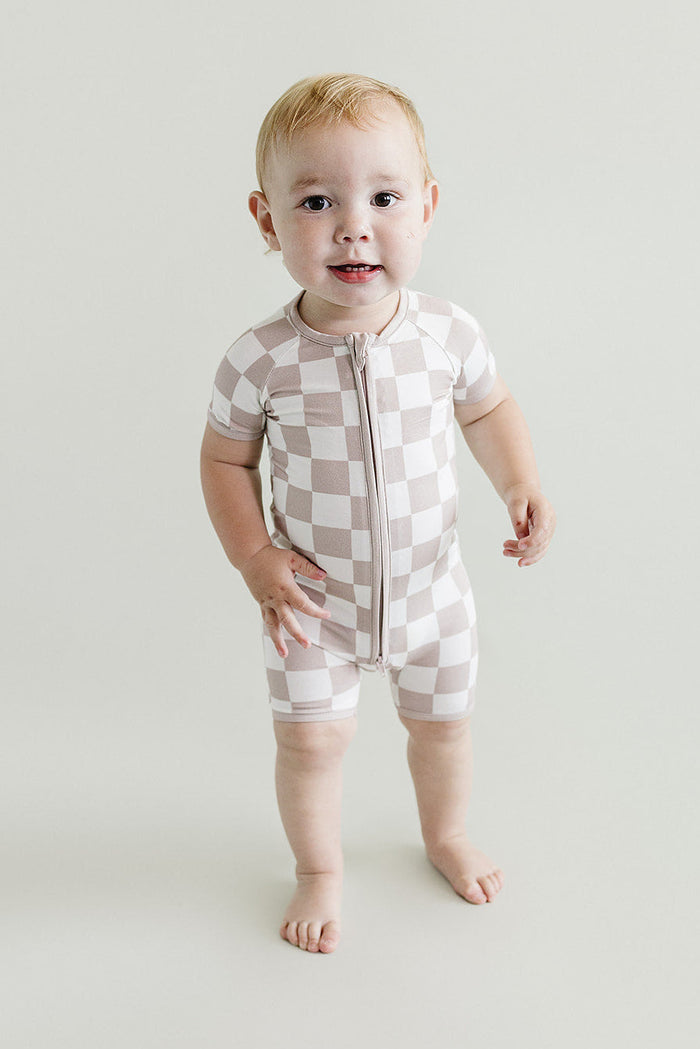 Bamboo Shorty Romper | Latte Checkered