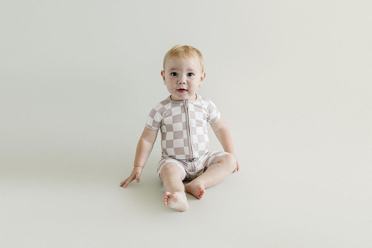 Bamboo Shorty Romper | Latte Checkered