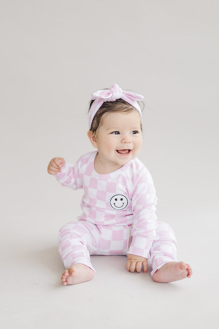 Checkered Smiley Lounge Set | Pink