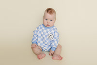 Bubble Romper | Checkered Smiley Blue