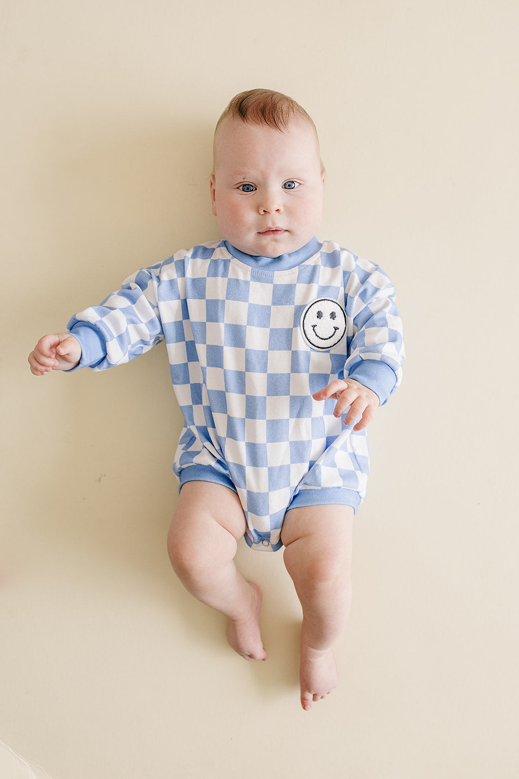 Bubble Romper | Checkered Smiley Blue