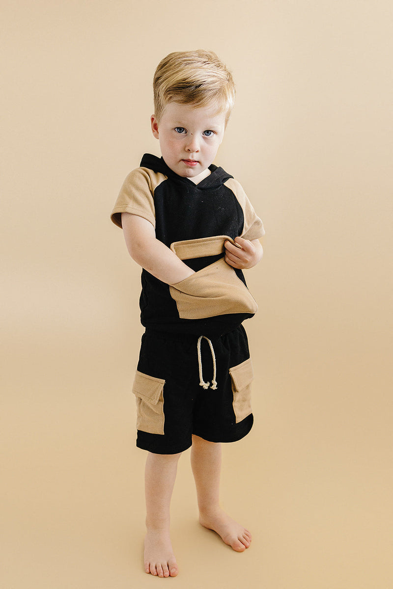 Terry Cargo Shorts Set | Black & Tan