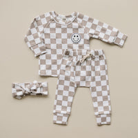Checkered Smiley Lounge Set | Latte