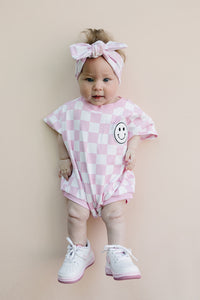Short Sleeve Bubble Romper | Checkered Smiley Pink